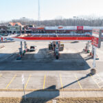 Rushville plaza Kroger gas station with plaza in the background.