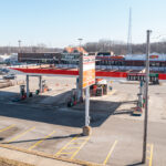 Rushville plaza Kroger gas station with plaza in the background.