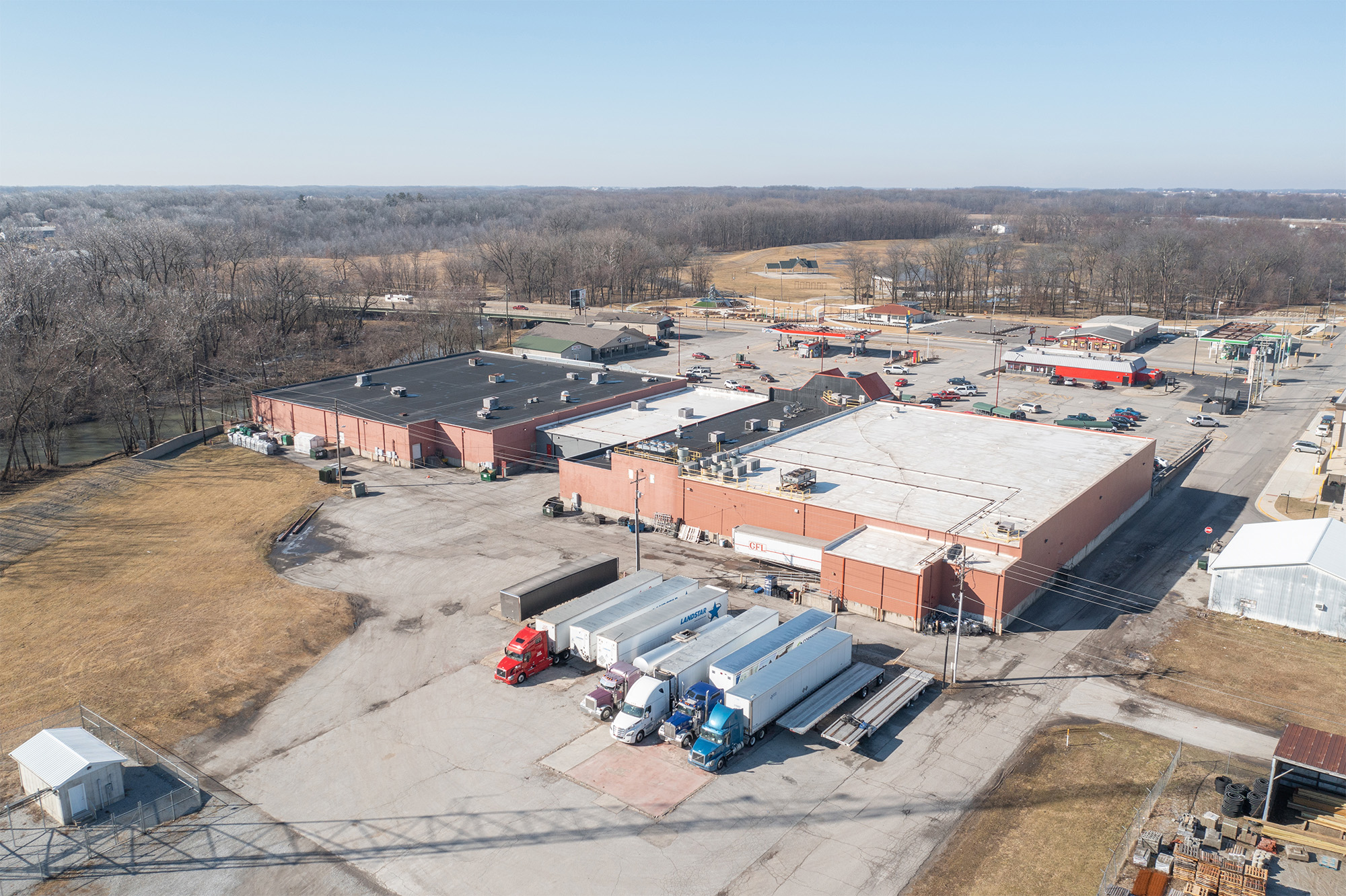 Drone view of Rushville Plaza loading dock and truck parking.
