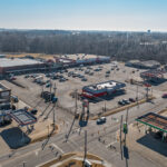 Drone view of Rushville Plaza and nearby intersection.