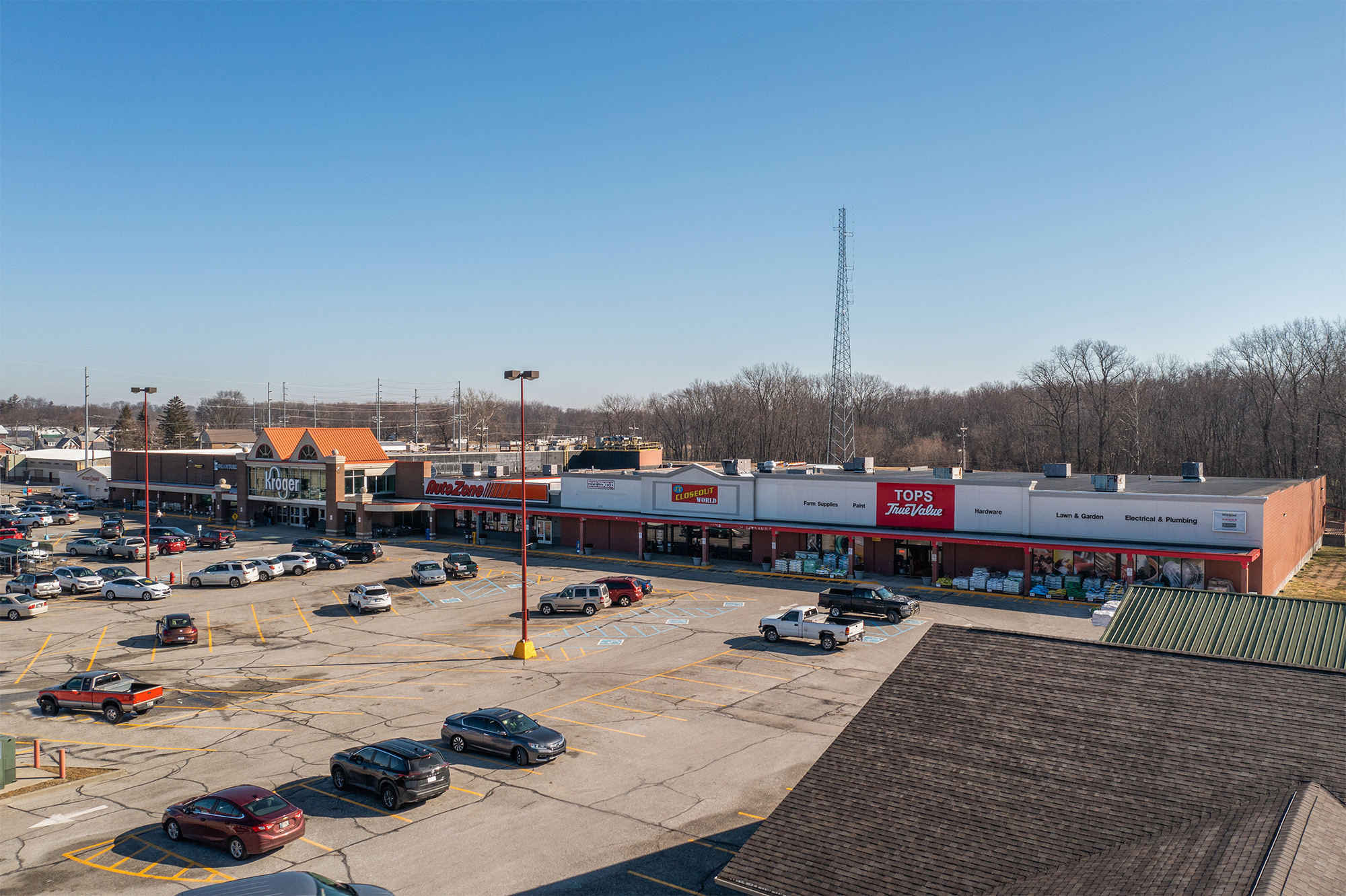 Drone view of Rushville Plaza True Value and other storefronts.