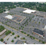 Woodland Crossing, aerial view of entire shopping center and parking lot.