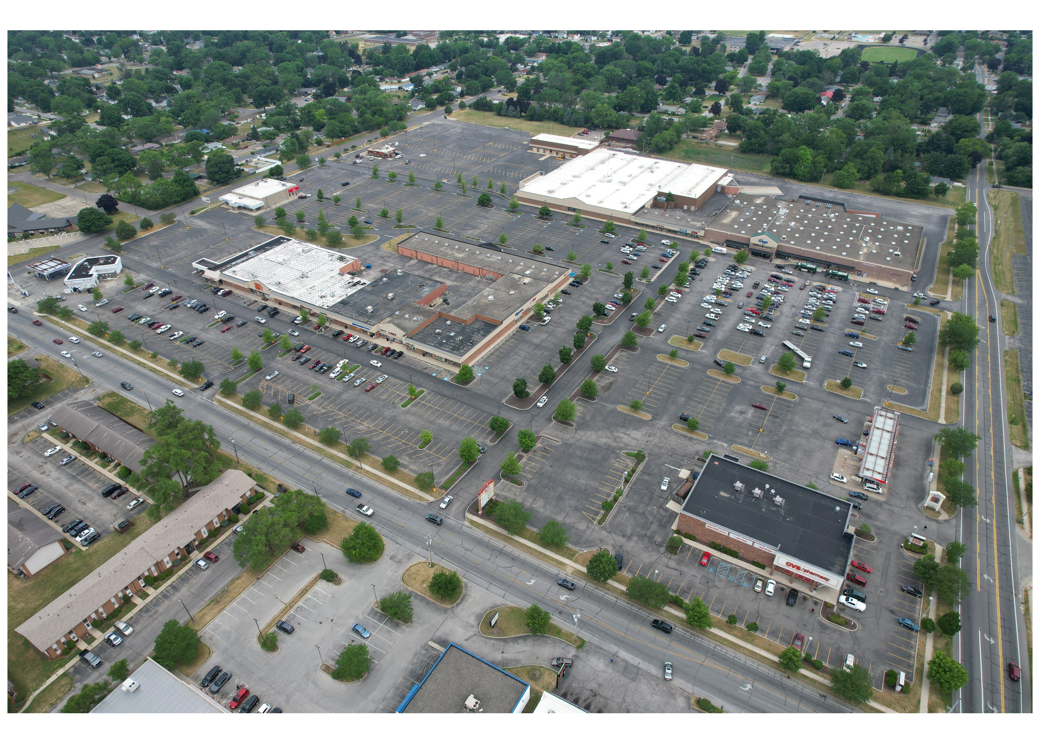 Woodland Crossing, aerial view of entire shopping center and parking lot.