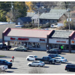 Linwood Square, Bee Beauty, ibrows, Happy Garden, Boost Mobile, and parking lot, aerial view.