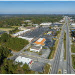 Merchants Square, route 85, Kroger, parking lot, and Chase Bank, aerial view.